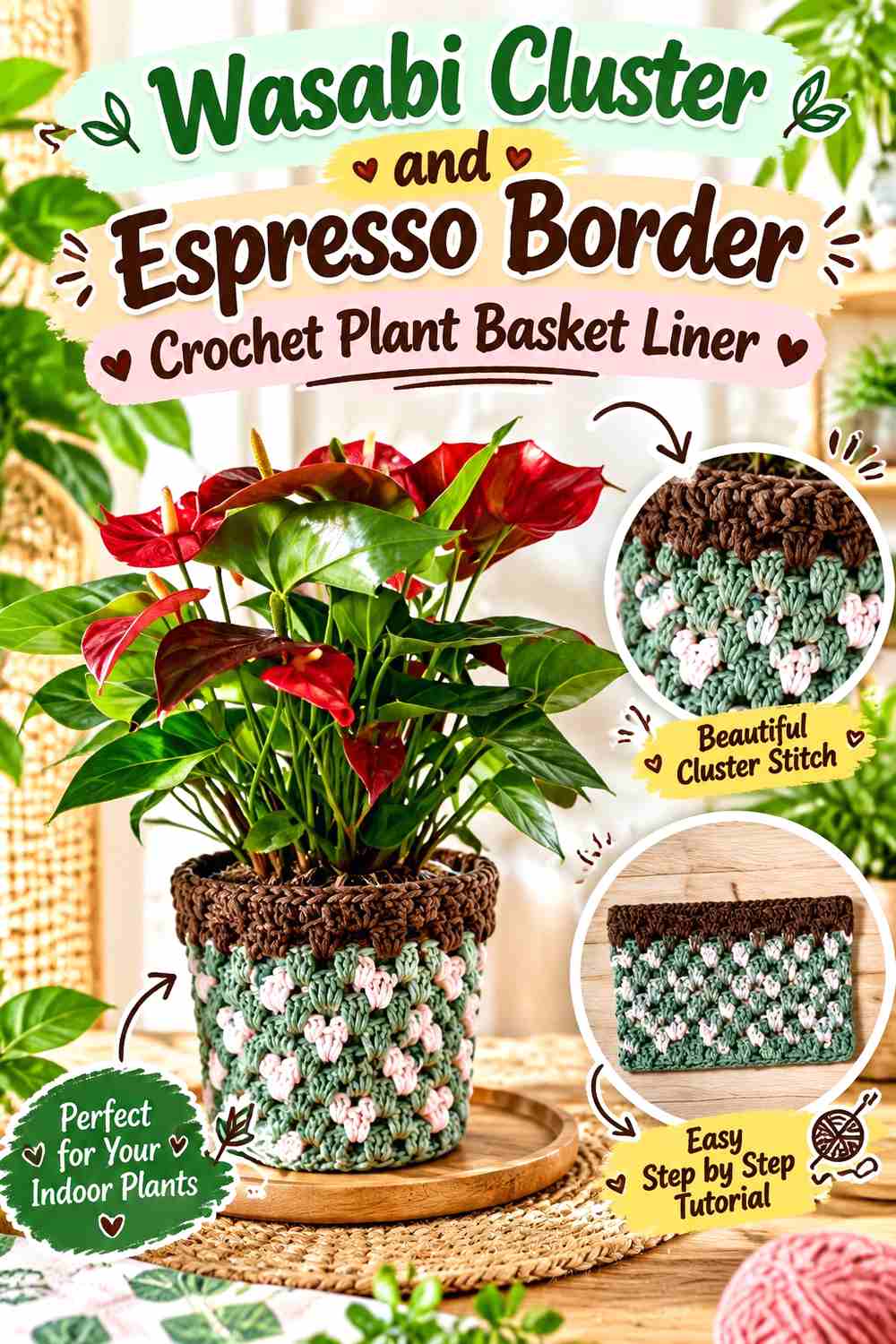 11. Wasabi Cluster And Espresso Border Crochet Plant Basket Liner