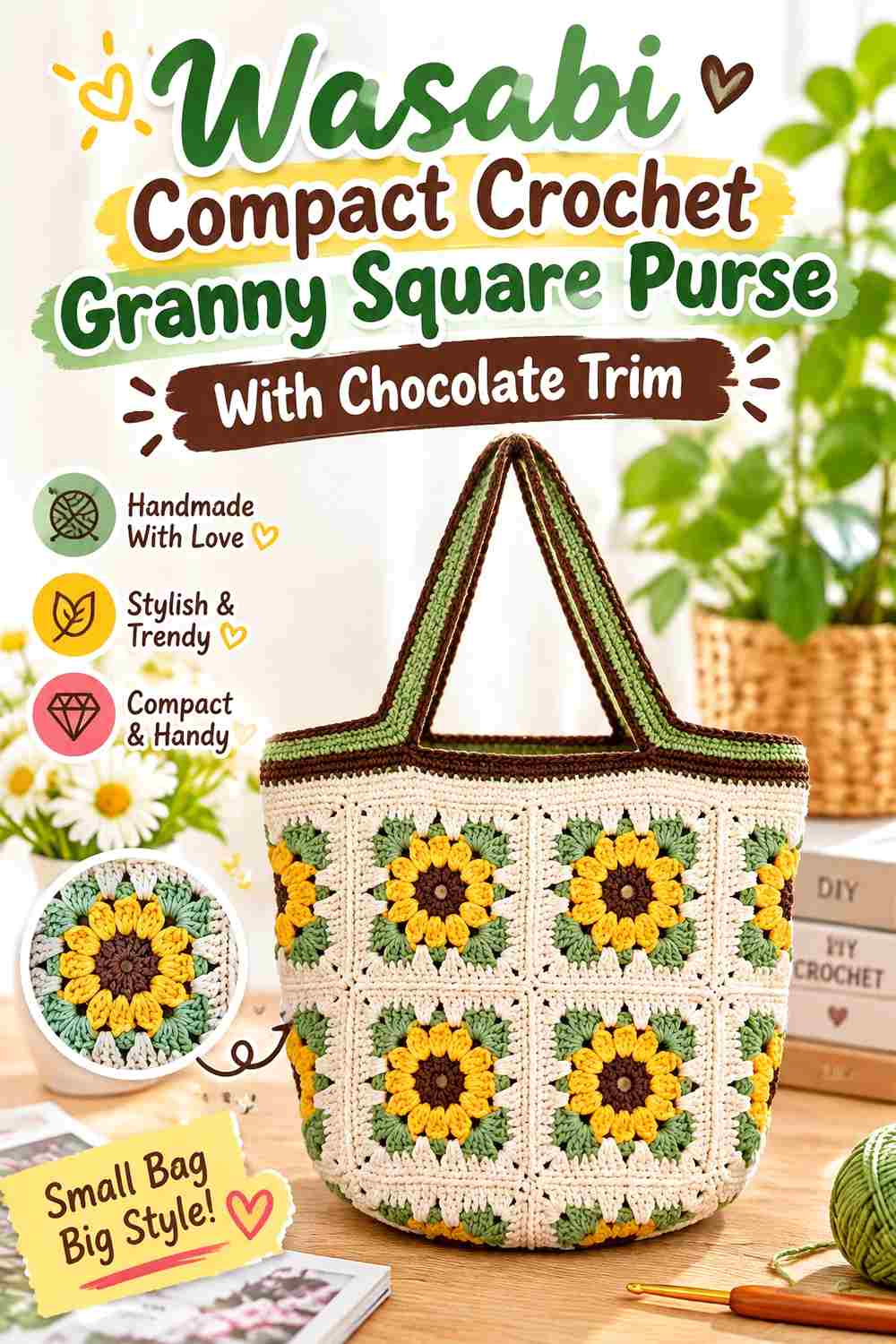12. Wasabi Compact Crochet Granny Square Purse With Chocolate Trim