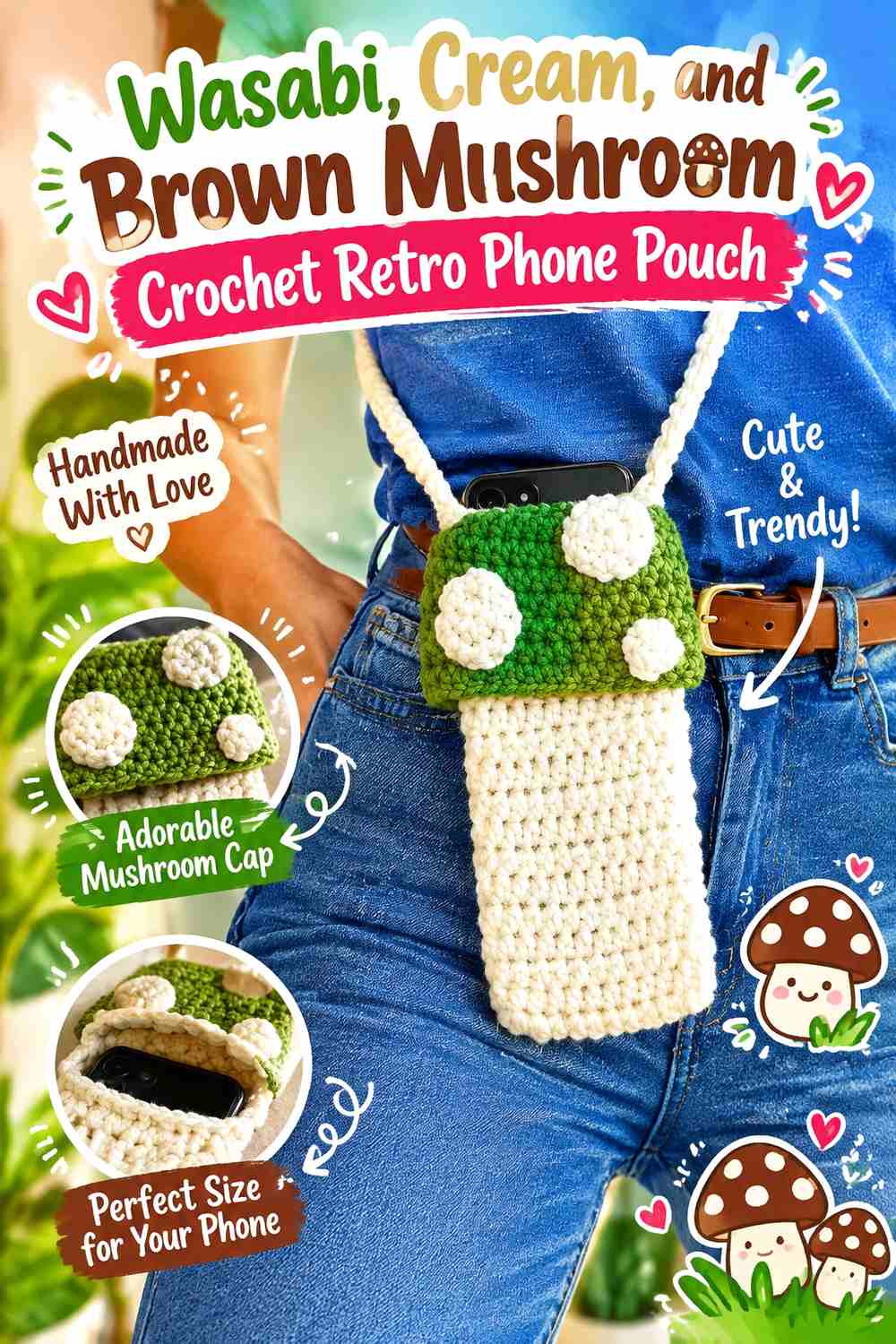 8. Wasabi Cream And Brown Mushroom Crochet Retro Phone Pouch