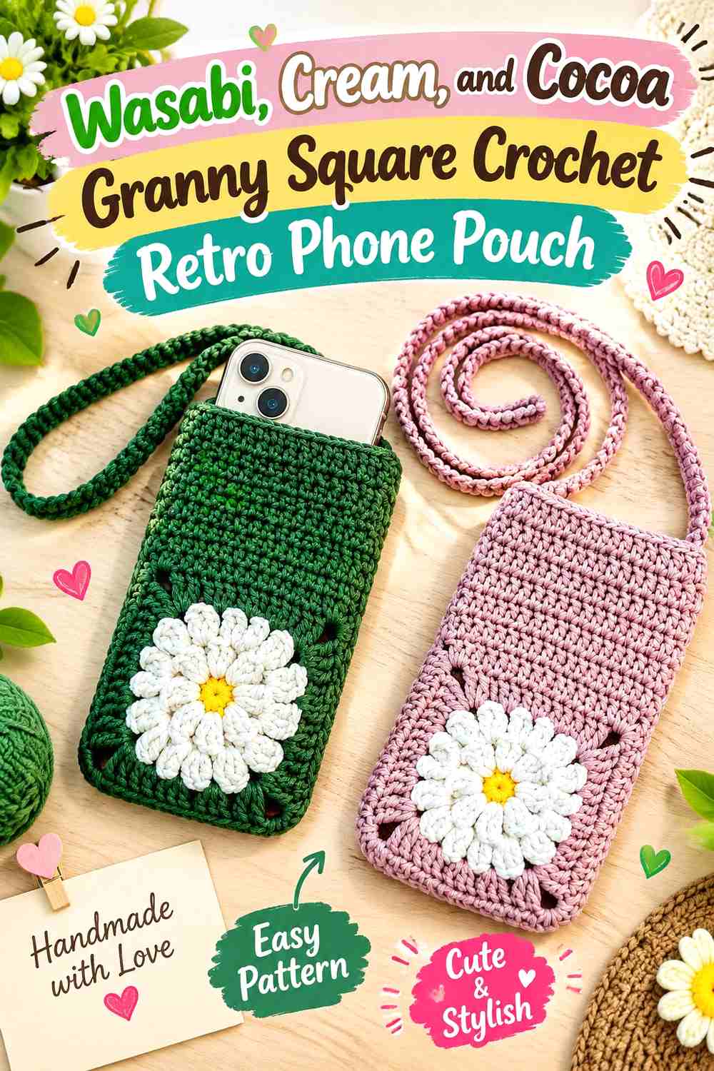 3. Wasabi Cream And Cocoa Granny Square Crochet Retro Phone Pouch