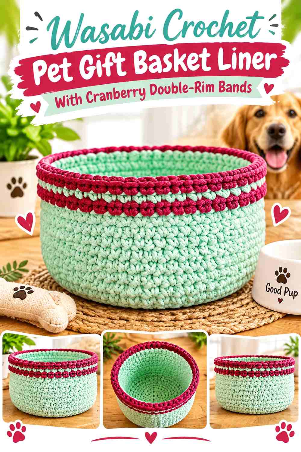 Wasabi Crochet Pet Gift Basket Liner With Cranberry Double-Rim Bands