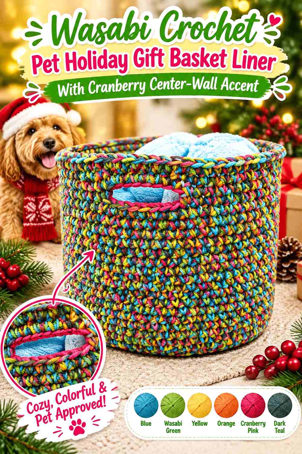 Wasabi Crochet Pet Holiday Gift Basket Liner With Cranberry Center-Wall Accent