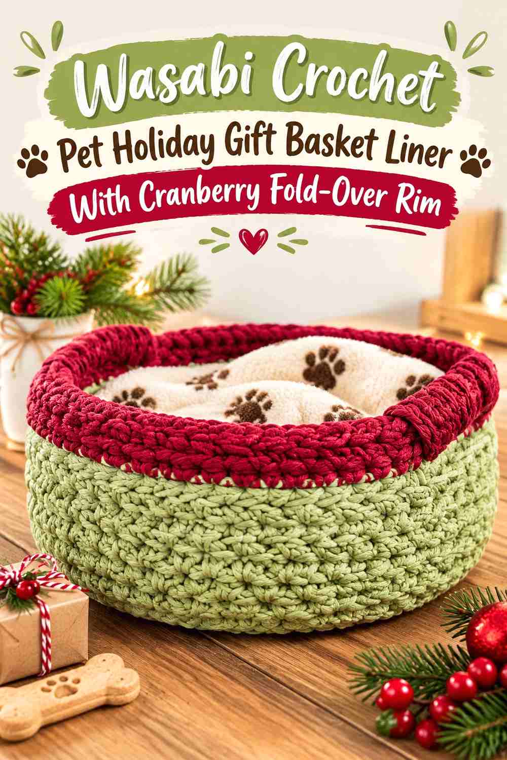 Wasabi Crochet Pet Holiday Gift Basket Liner With Cranberry Fold-Over Rim