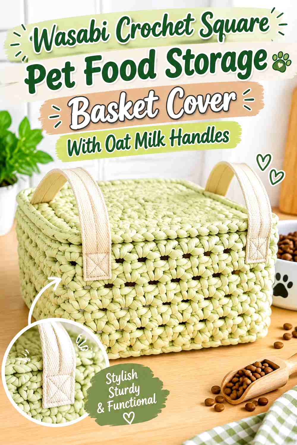 Wasabi Crochet Square Pet Food Storage Basket Cover With Oat Milk Handles