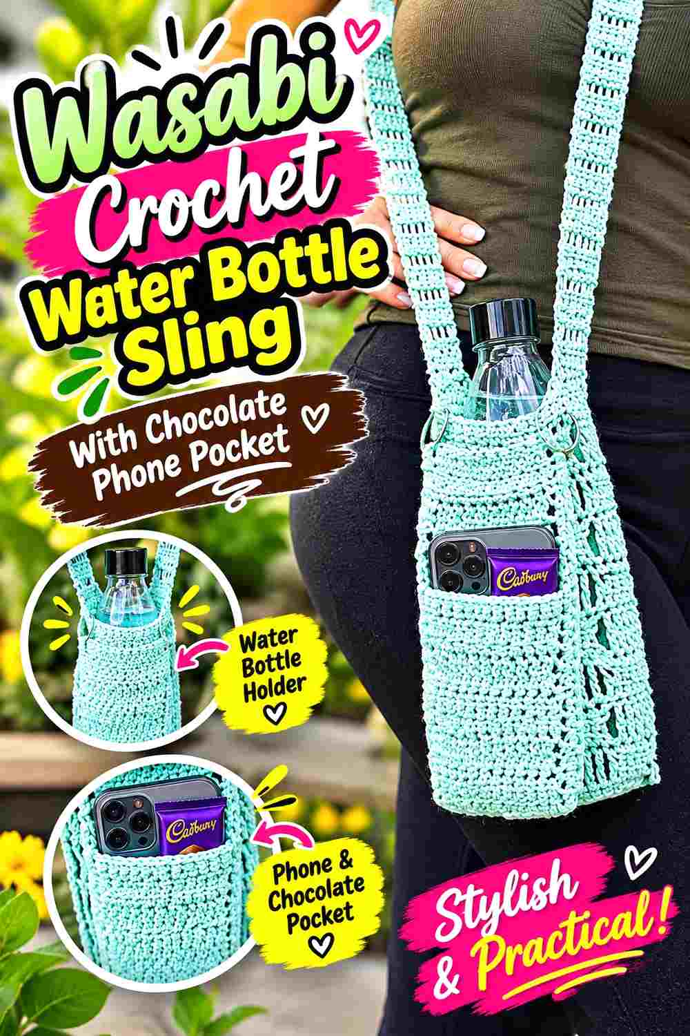 6. Wasabi Crochet Water Bottle Sling With Chocolate Phone Pocket