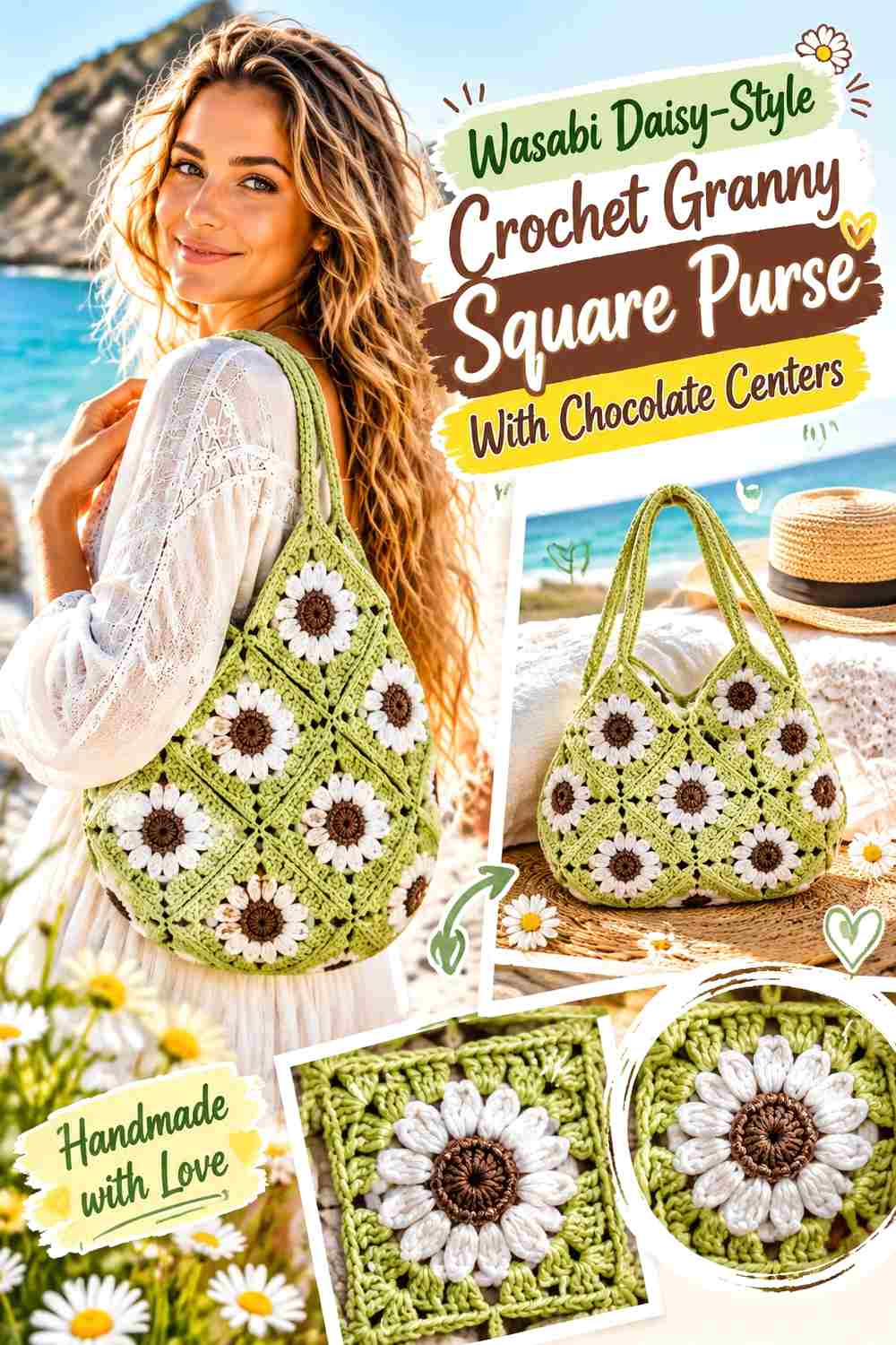 10. Wasabi Daisy Style Crochet Granny Square Purse With Chocolate Centers