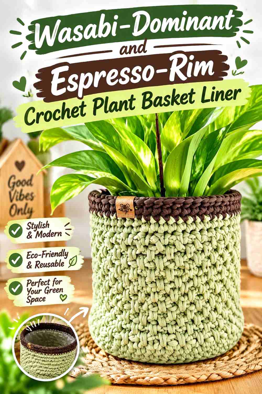 1. Wasabi Dominant And Espresso Rim Crochet Plant Basket Liner