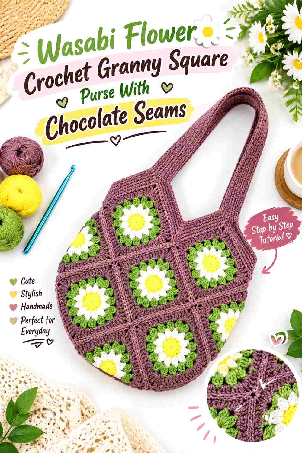 8. Wasabi Flower Crochet Granny Square Purse With Chocolate Seams