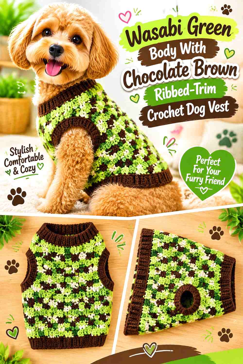 Wasabi Green Body With Chocolate Brown Ribbed-Trim Crochet Dog Vest