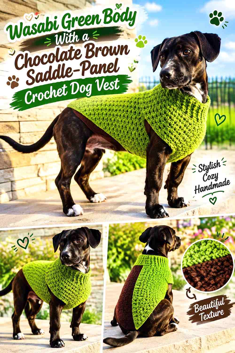 Wasabi Green Body With a Chocolate Brown Saddle-Panel Crochet Dog Vest