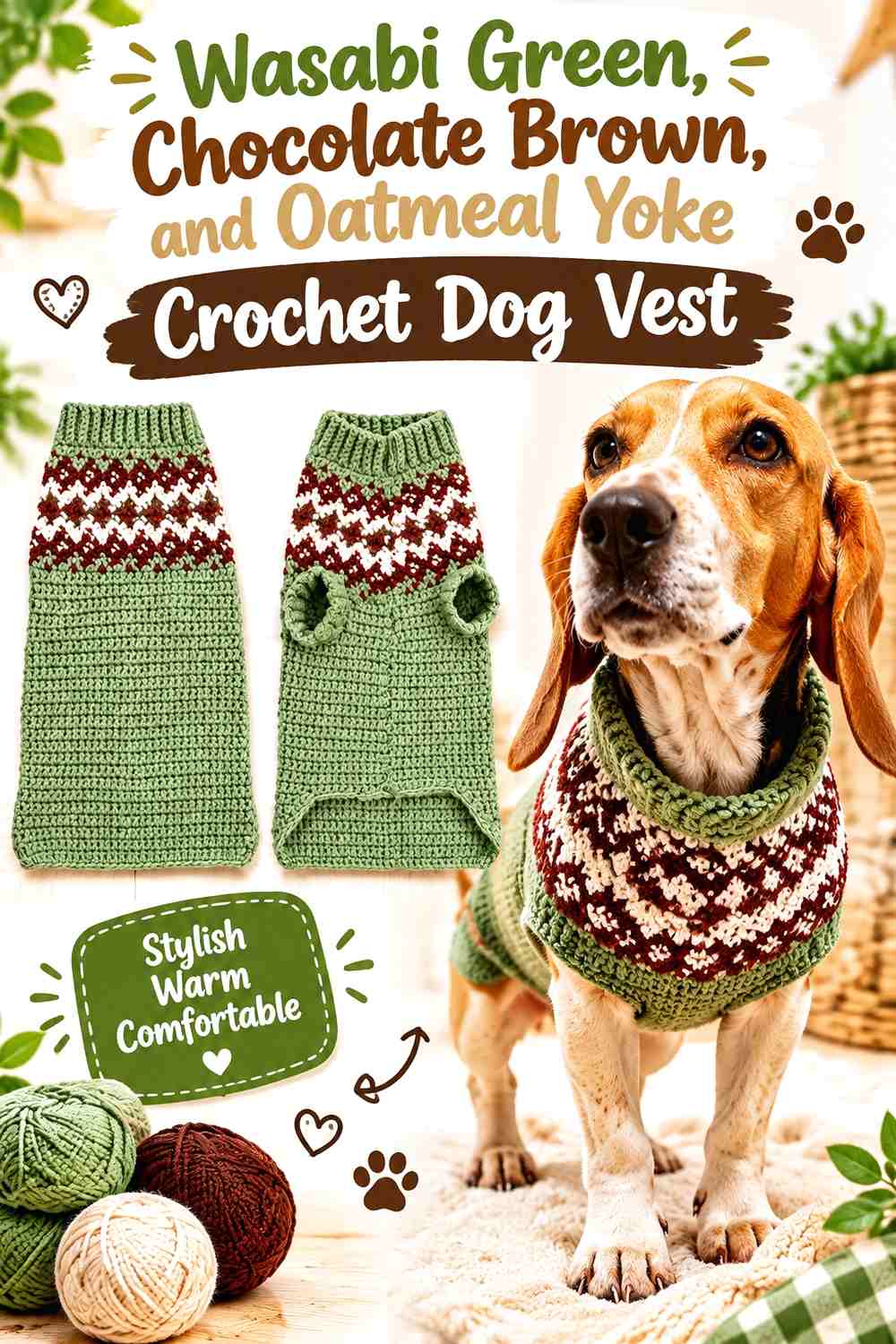 Wasabi Green, Chocolate Brown, and Oatmeal Yoke Crochet Dog Vest
