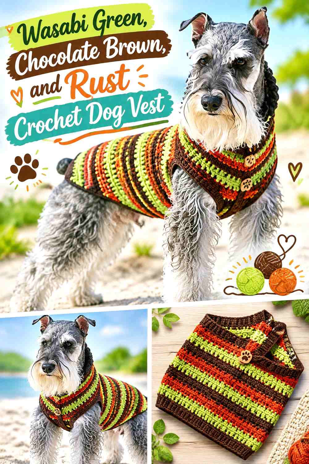 Wasabi Green, Chocolate Brown, and Rust Crochet Dog Vest