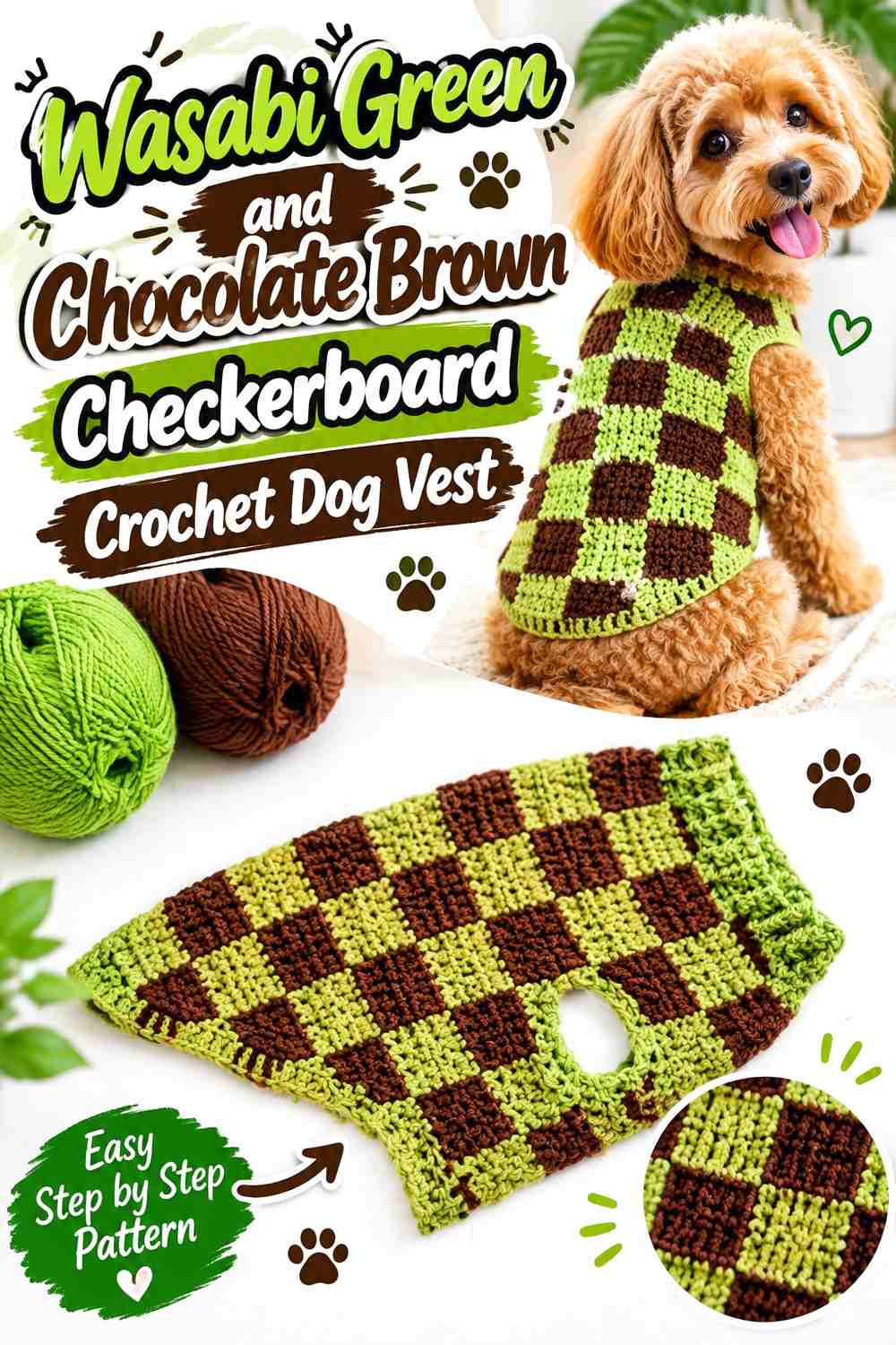 Wasabi Green and Chocolate Brown Checkerboard Crochet Dog Vest