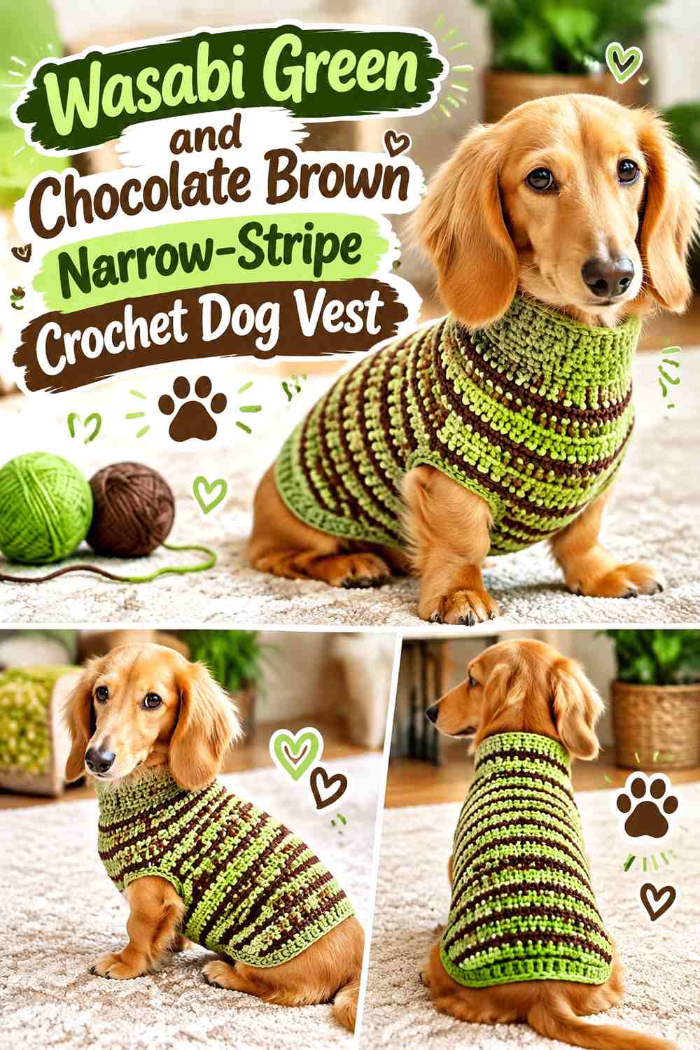 Wasabi Green and Chocolate Brown Narrow-Stripe Crochet Dog Vest