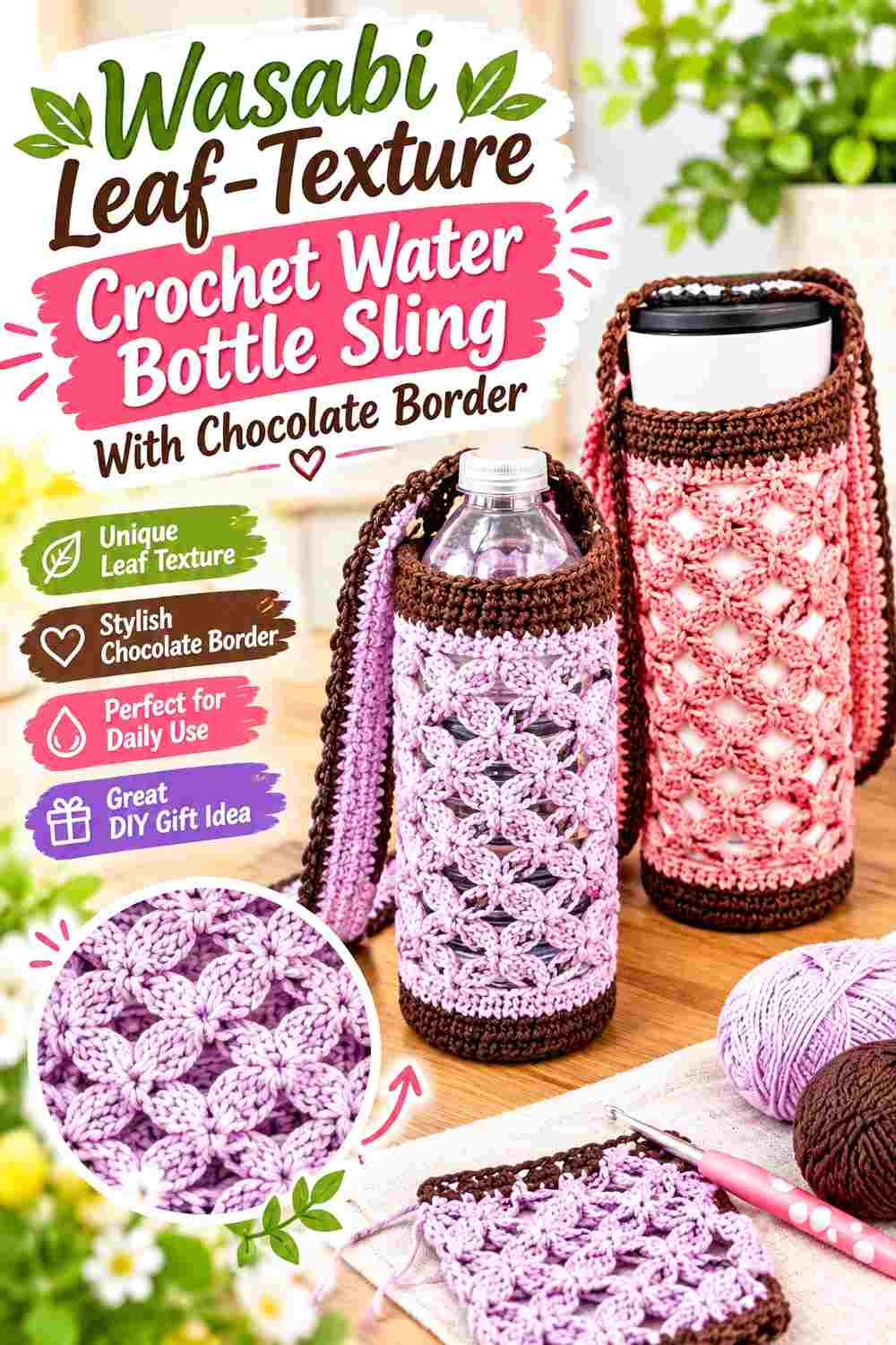 7. Wasabi Leaf Texture Crochet Water Bottle Sling With Chocolate Border