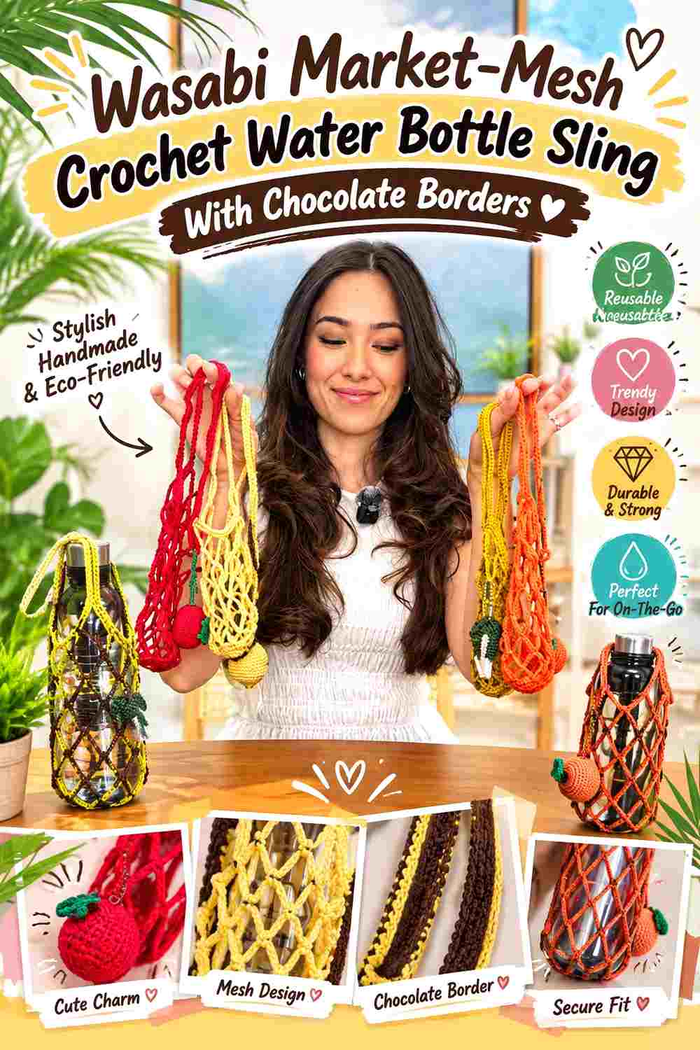 14. Wasabi Market Mesh Crochet Water Bottle Sling With Chocolate Borders