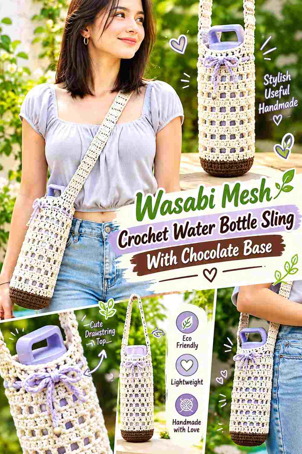 1. Wasabi Mesh Crochet Water Bottle Sling With Chocolate Base
