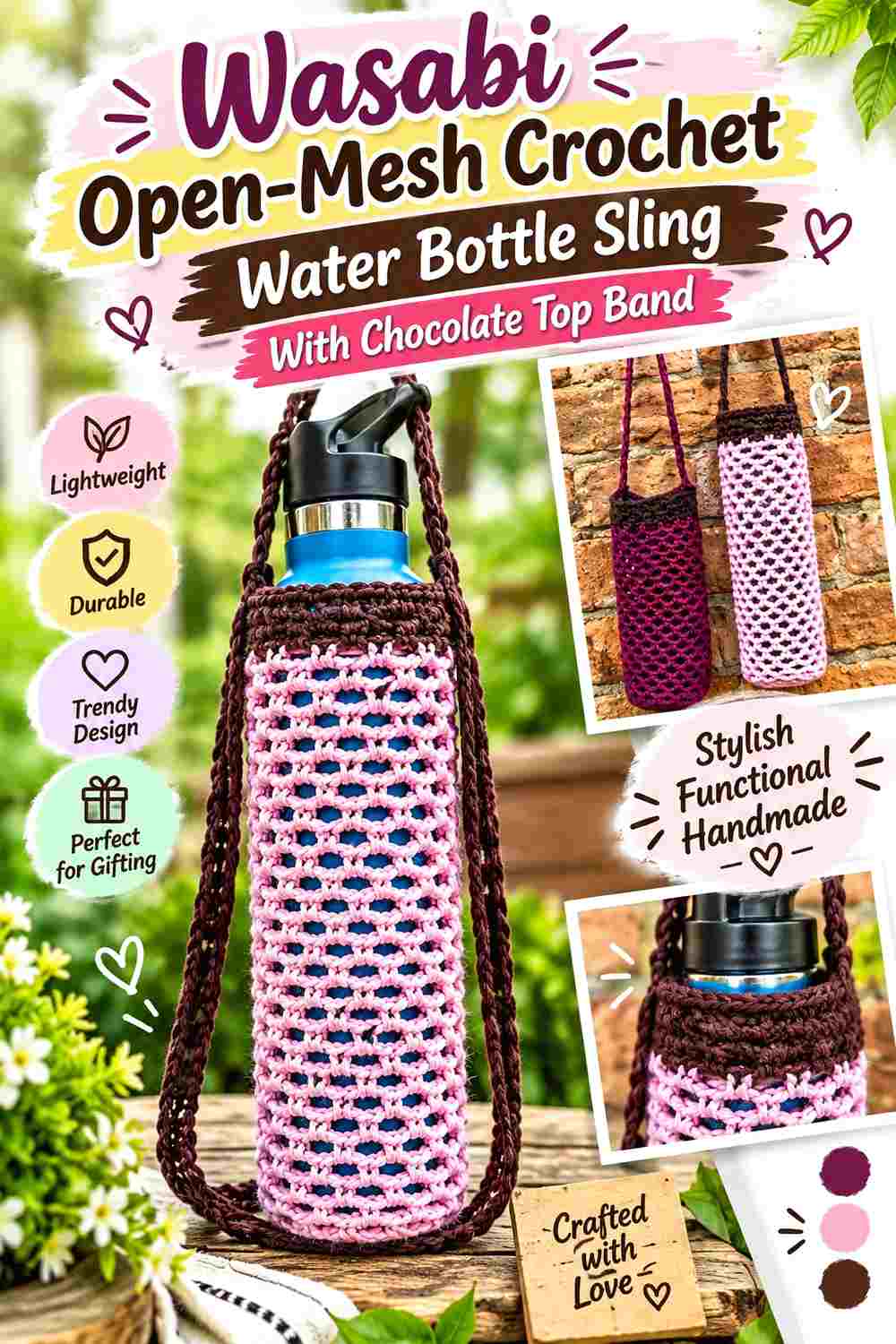 10. Wasabi Open Mesh Crochet Water Bottle Sling With Chocolate Top Band