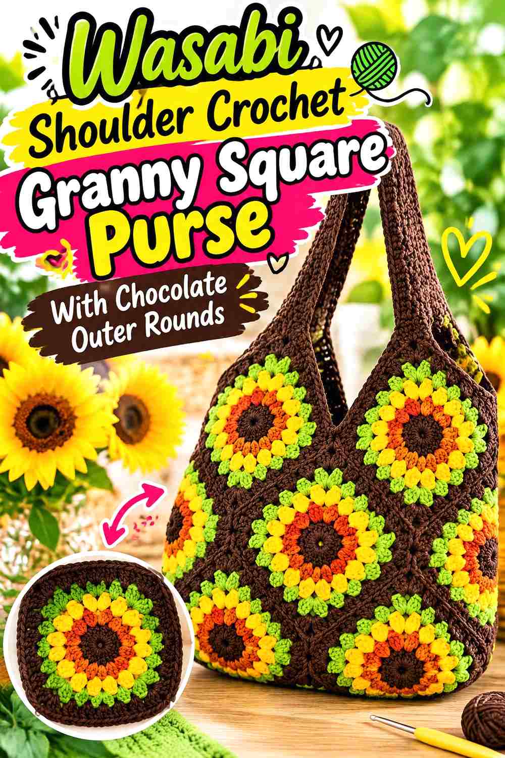6. Wasabi Shoulder Crochet Granny Square Purse With Chocolate Outer Rounds