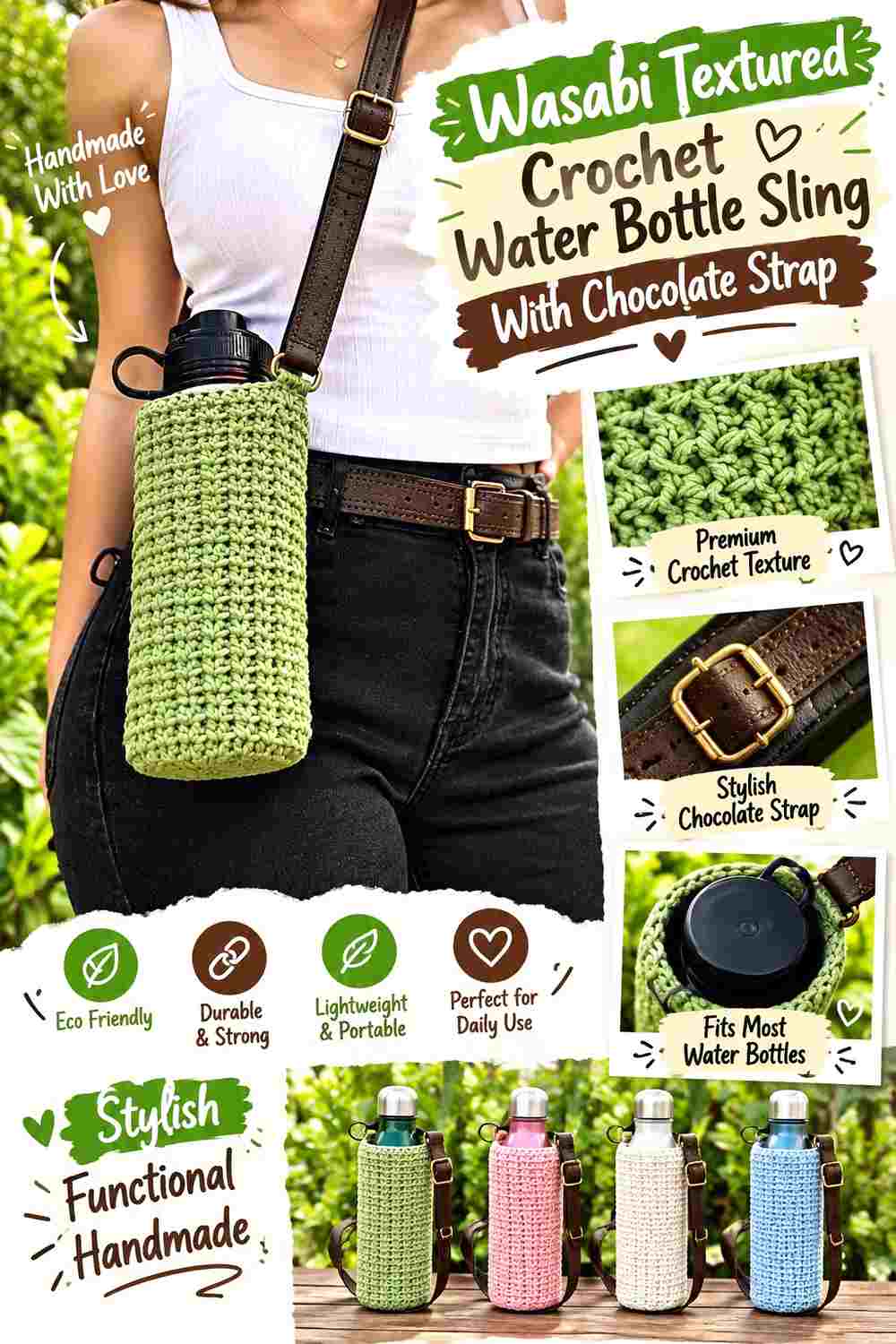 3. Wasabi Textured Crochet Water Bottle Sling With Chocolate Strap
