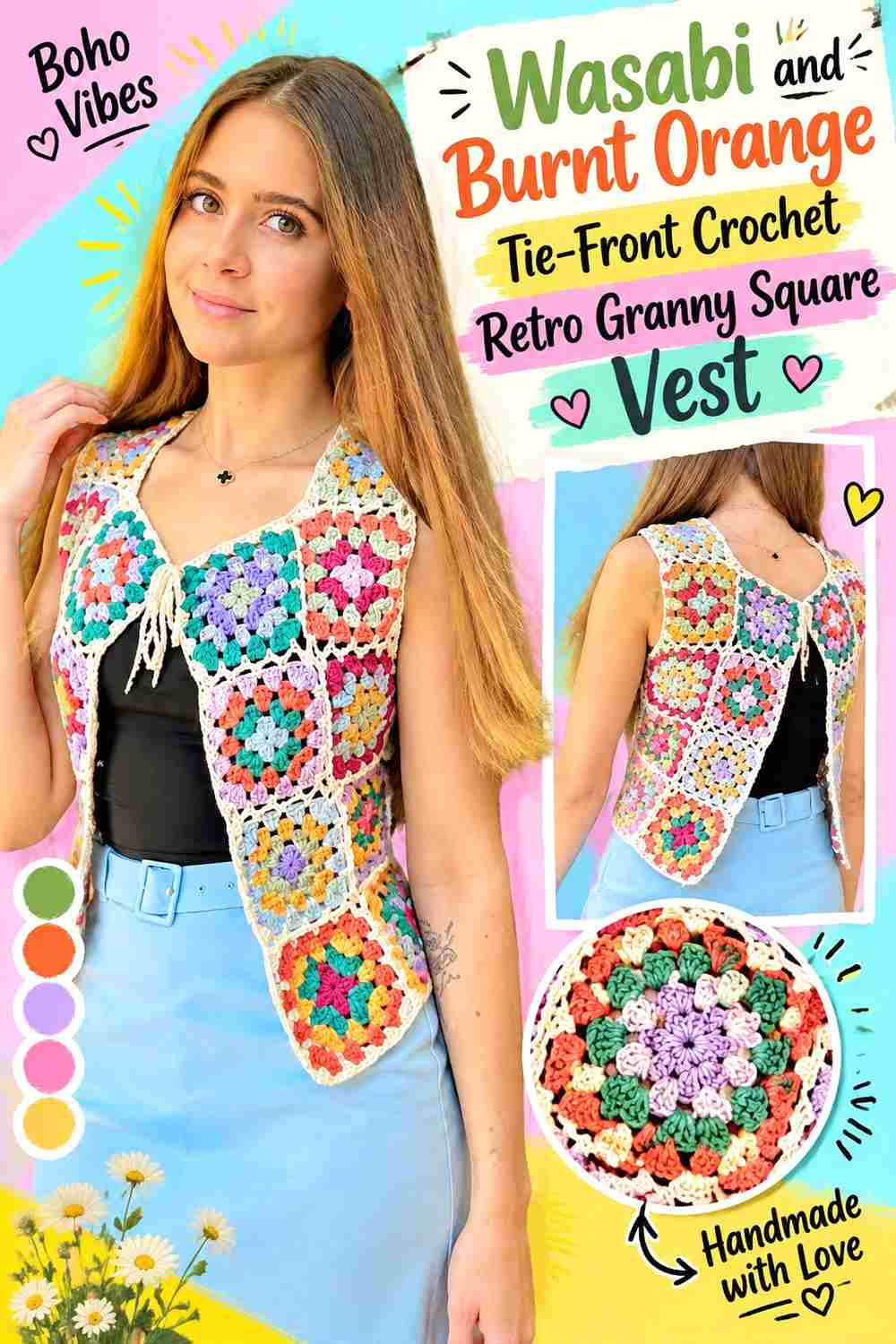 3. Wasabi And Burnt Orange Tie Front Crochet Retro Granny Square Vest