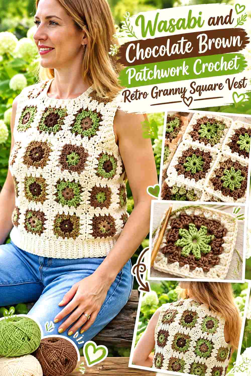 2. Wasabi And Chocolate Brown Patchwork Crochet Retro Granny Square Vest