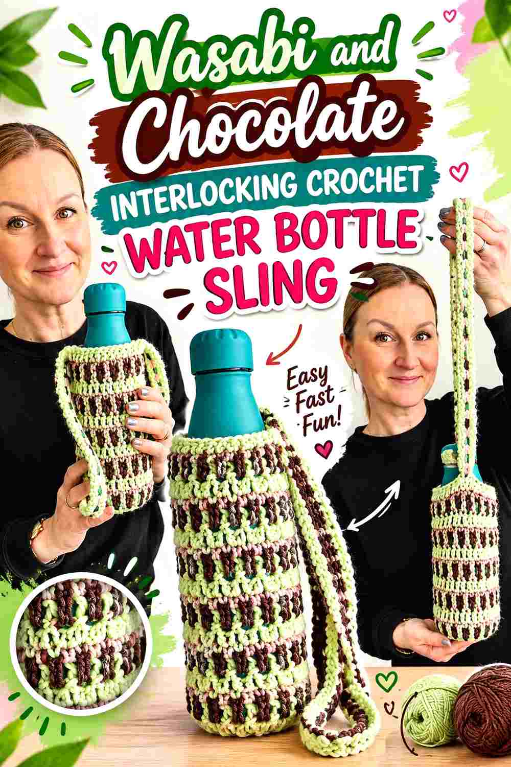 5. Wasabi And Chocolate Interlocking Crochet Water Bottle Sling