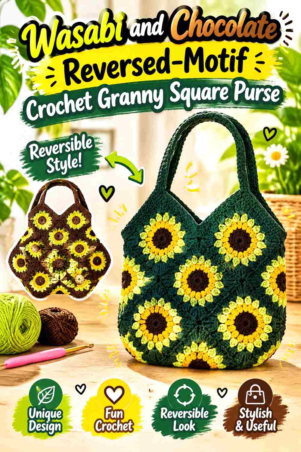 3. Wasabi And Chocolate Reversed Motif Crochet Granny Square Purse