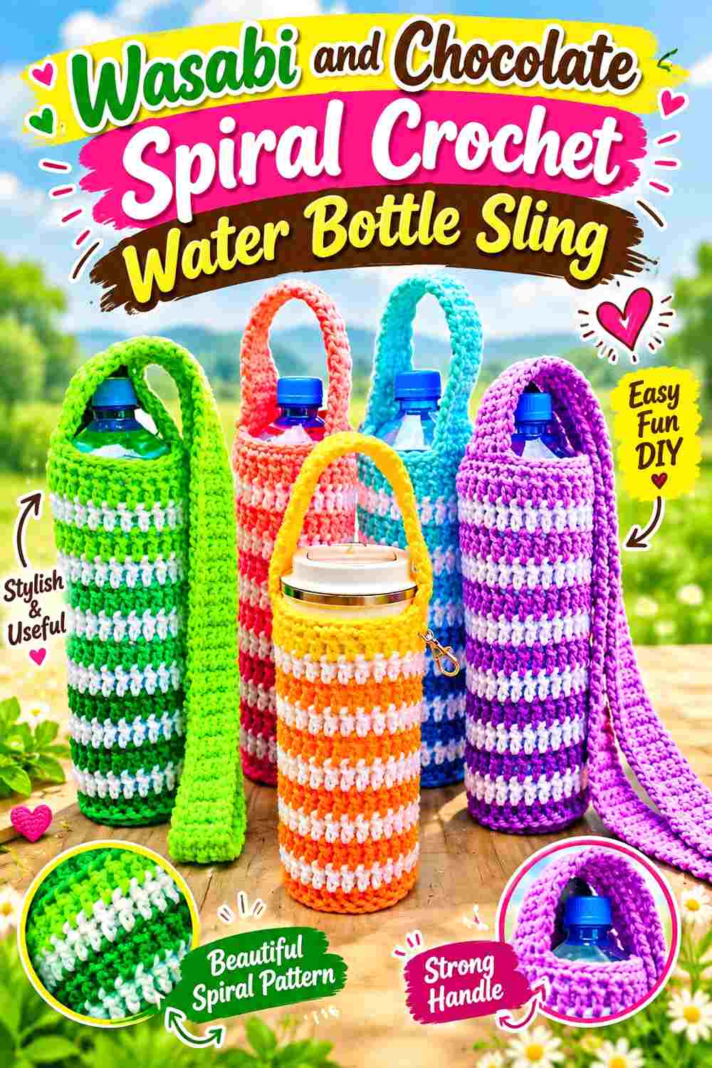 4. Wasabi And Chocolate Spiral Crochet Water Bottle Sling