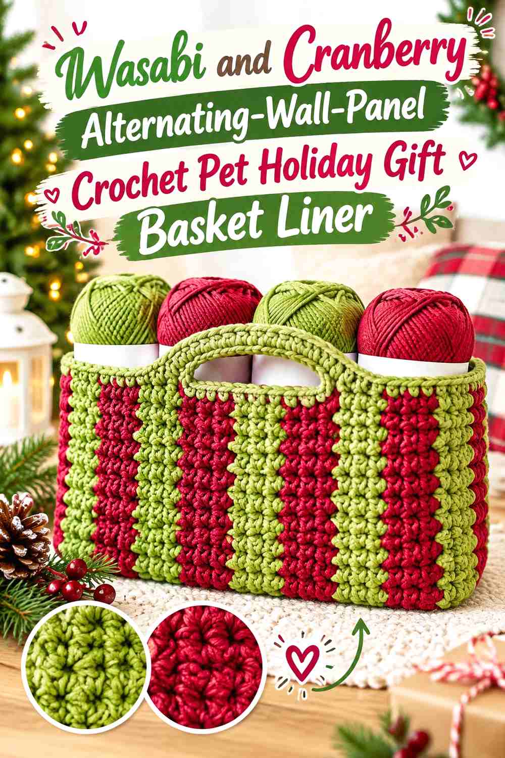 Wasabi and Cranberry Alternating-Wall-Panel Crochet Pet Holiday Gift Basket Liner