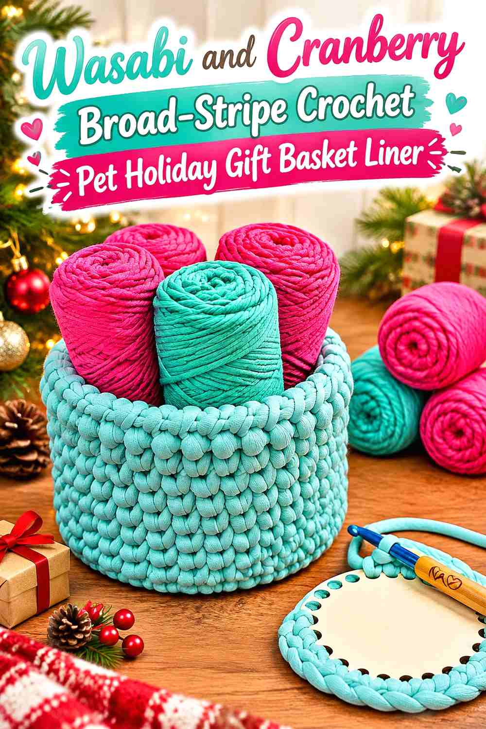 Wasabi and Cranberry Broad-Stripe Crochet Pet Holiday Gift Basket Liner