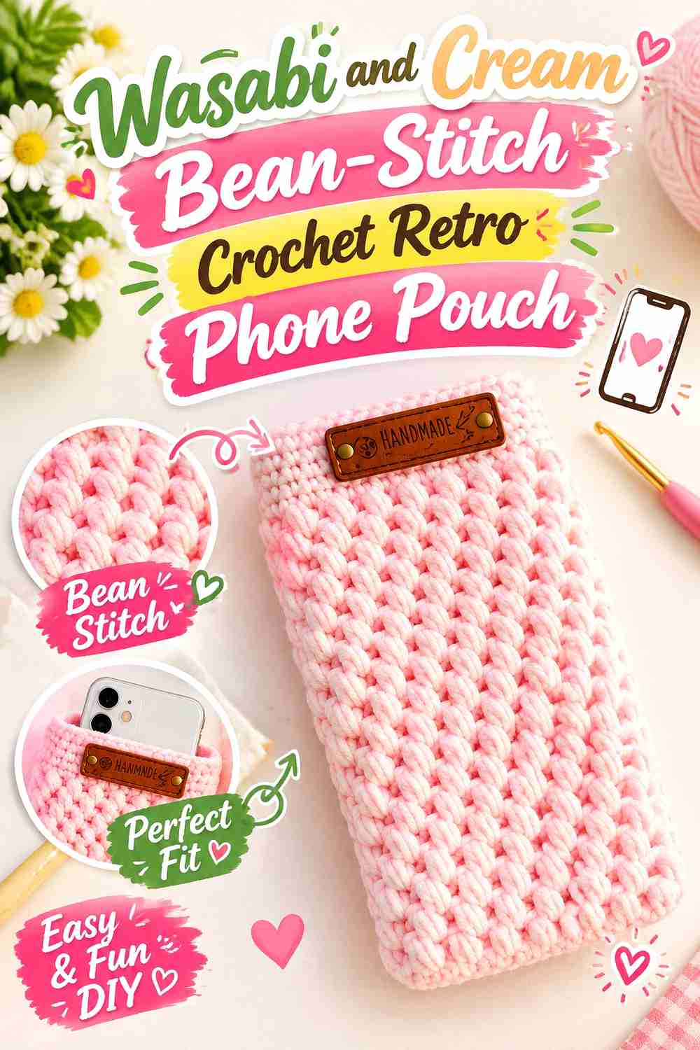 6. Wasabi And Cream Bean Stitch Crochet Retro Phone Pouch