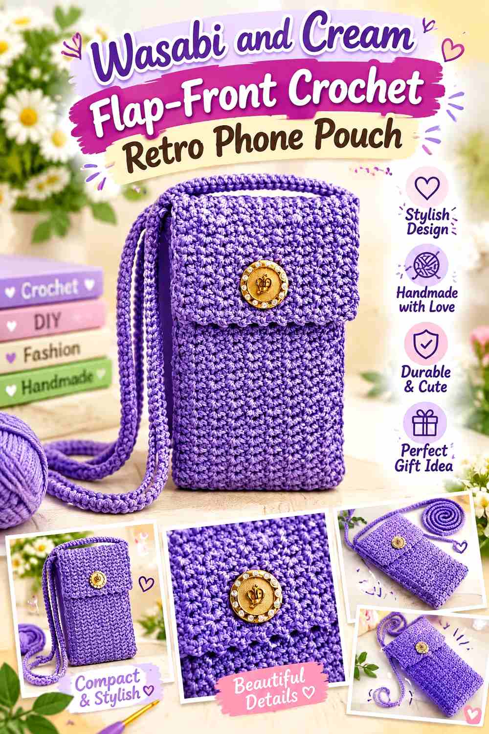 4. Wasabi And Cream Flap Front Crochet Retro Phone Pouch