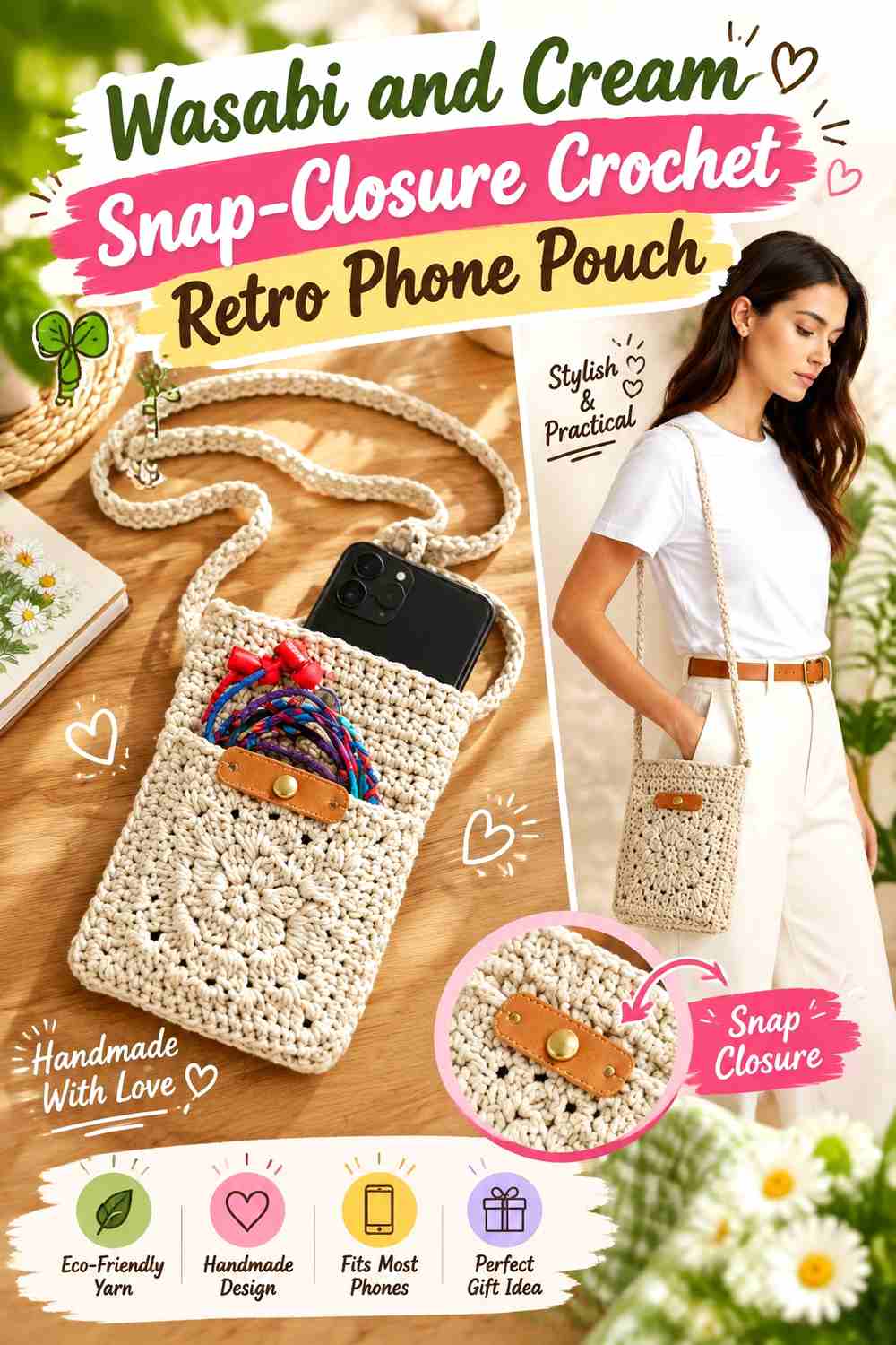 11. Wasabi And Cream Snap Closure Crochet Retro Phone Pouch