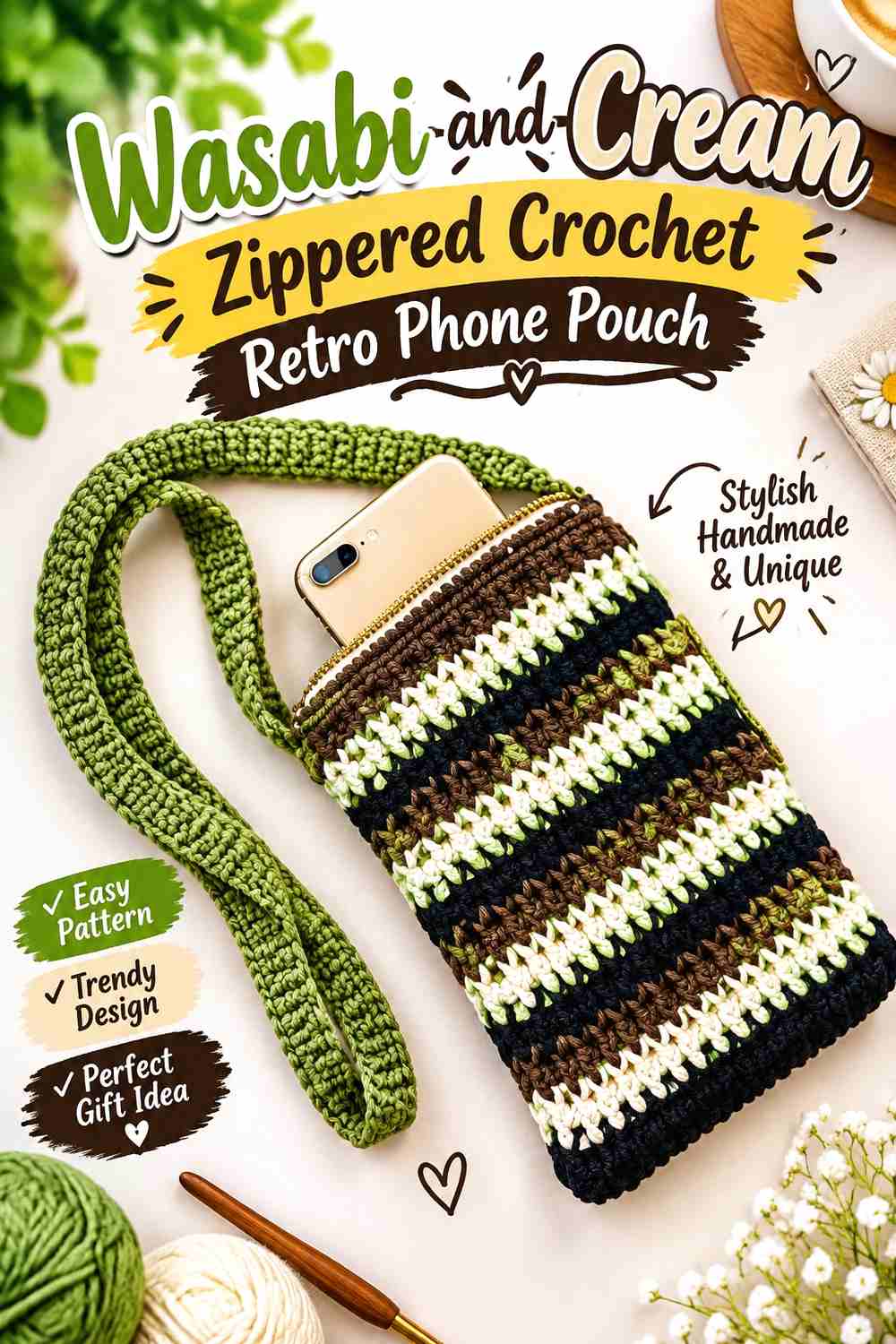 1. Wasabi And Cream Zippered Crochet Retro Phone Pouch