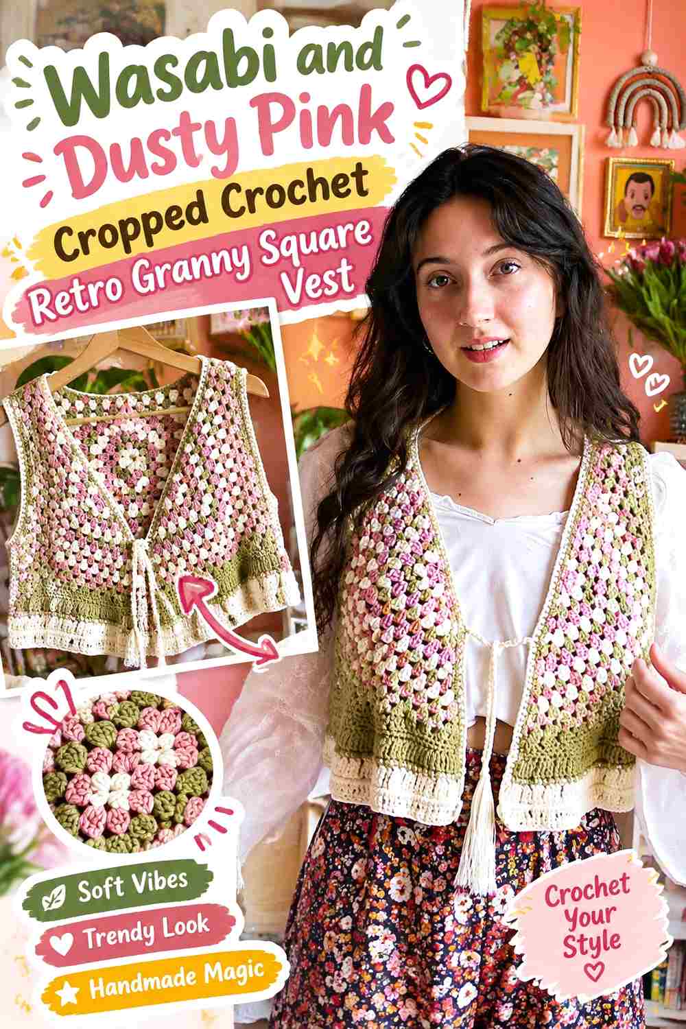 11. Wasabi And Dusty Pink Cropped Crochet Retro Granny Square Vest