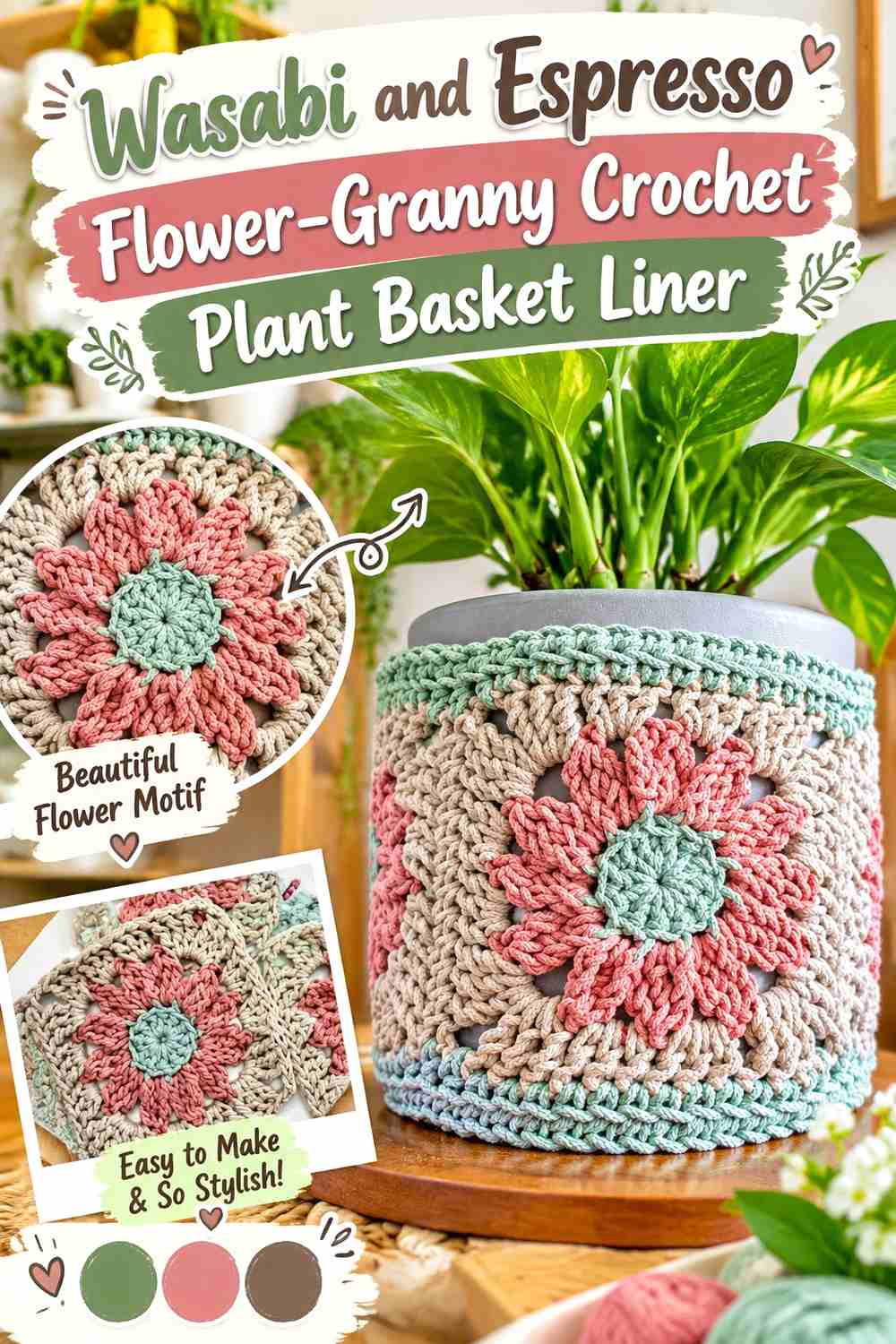 4. Wasabi And Espresso Flower Granny Crochet Plant Basket Liner