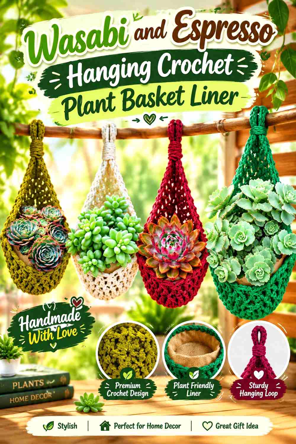 14. Wasabi And Espresso Hanging Crochet Plant Basket Liner
