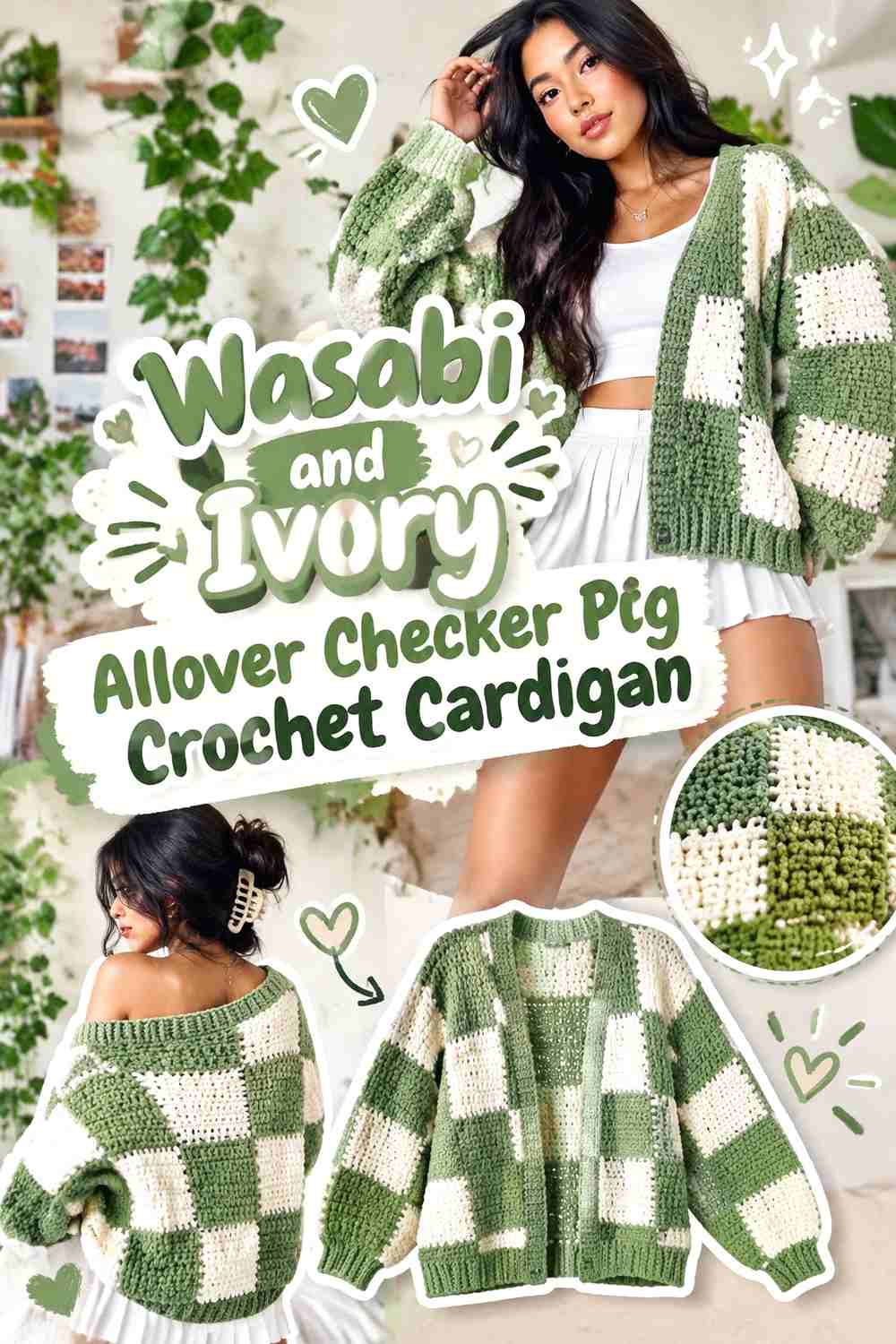 Wasabi and Ivory Allover Checker Pug Crochet Cardigan