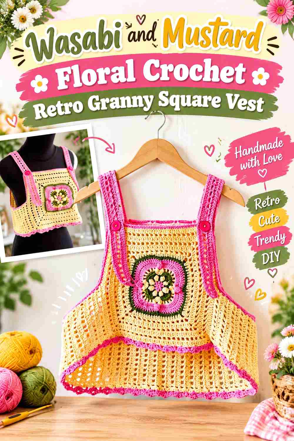 4. Wasabi And Mustard Floral Crochet Retro Granny Square Vest