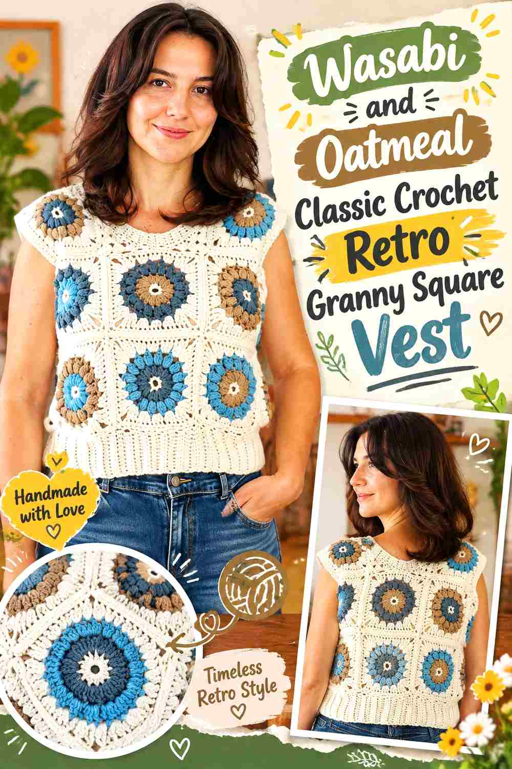 7. Wasabi And Oatmeal Classic Crochet Retro Granny Square Vest