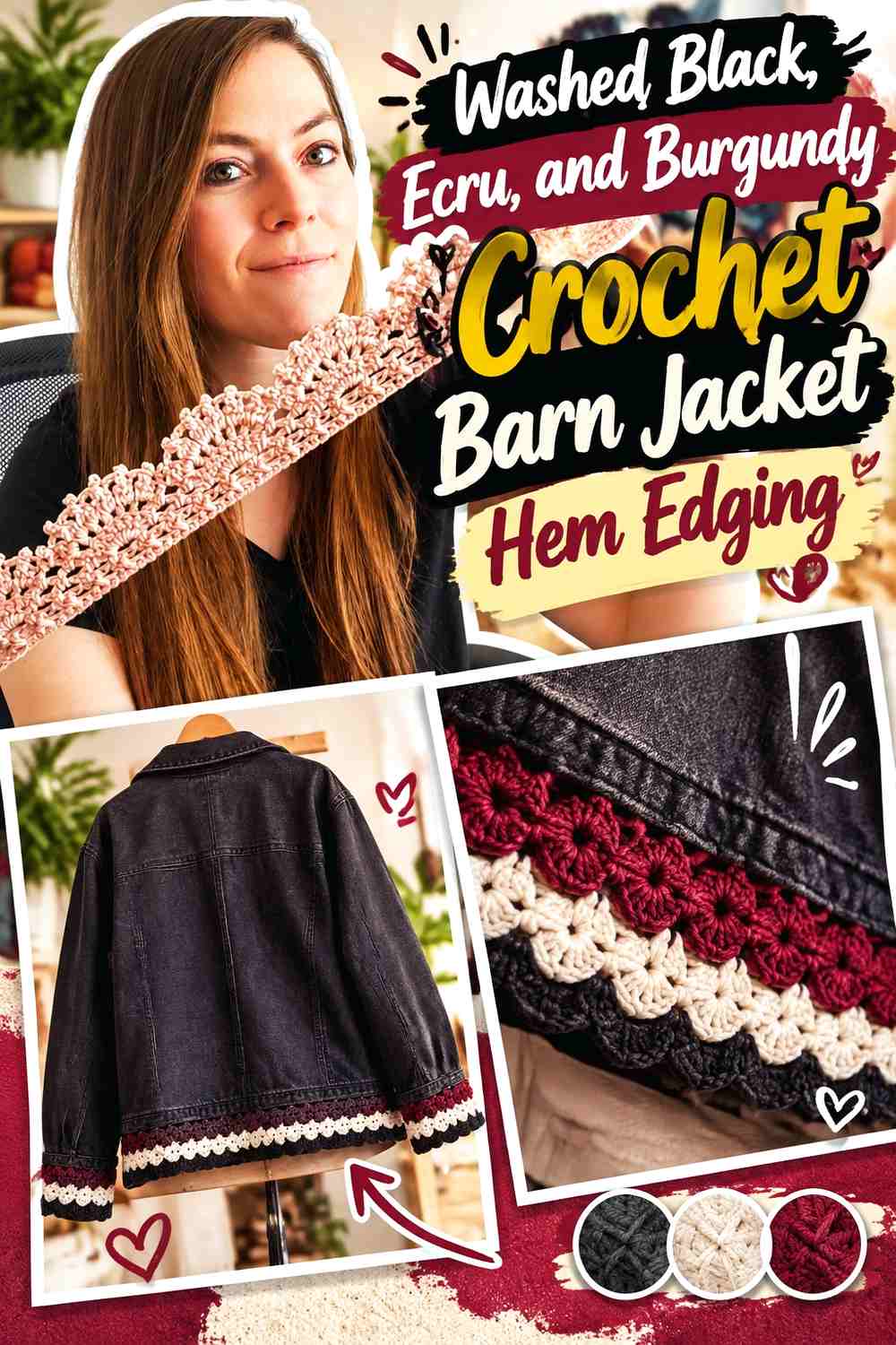 Washed Black, Ecru, and Burgundy Crochet Barn Jacket Hem Edging