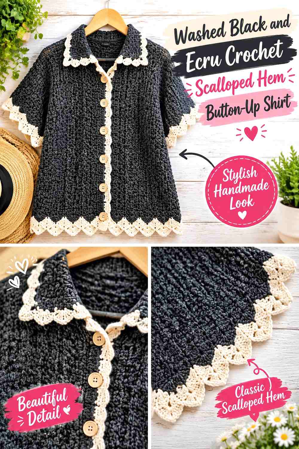 Washed Black and Ecru Crochet Scalloped Hem Button-Up Shirt