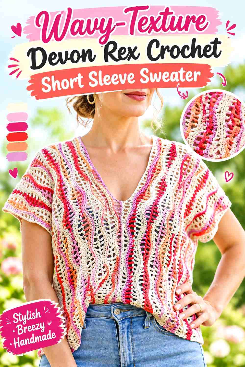Wavy-Texture Devon Rex Crochet Short Sleeve Sweater