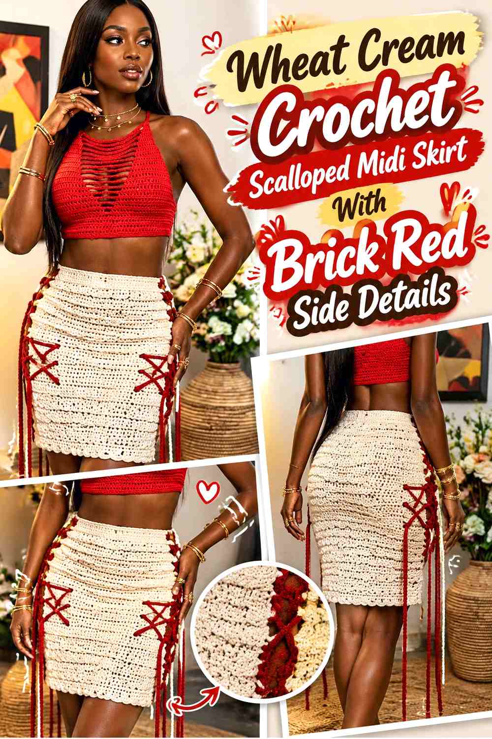Wheat Cream Crochet Scalloped Midi Skirt With Brick Red Side Details