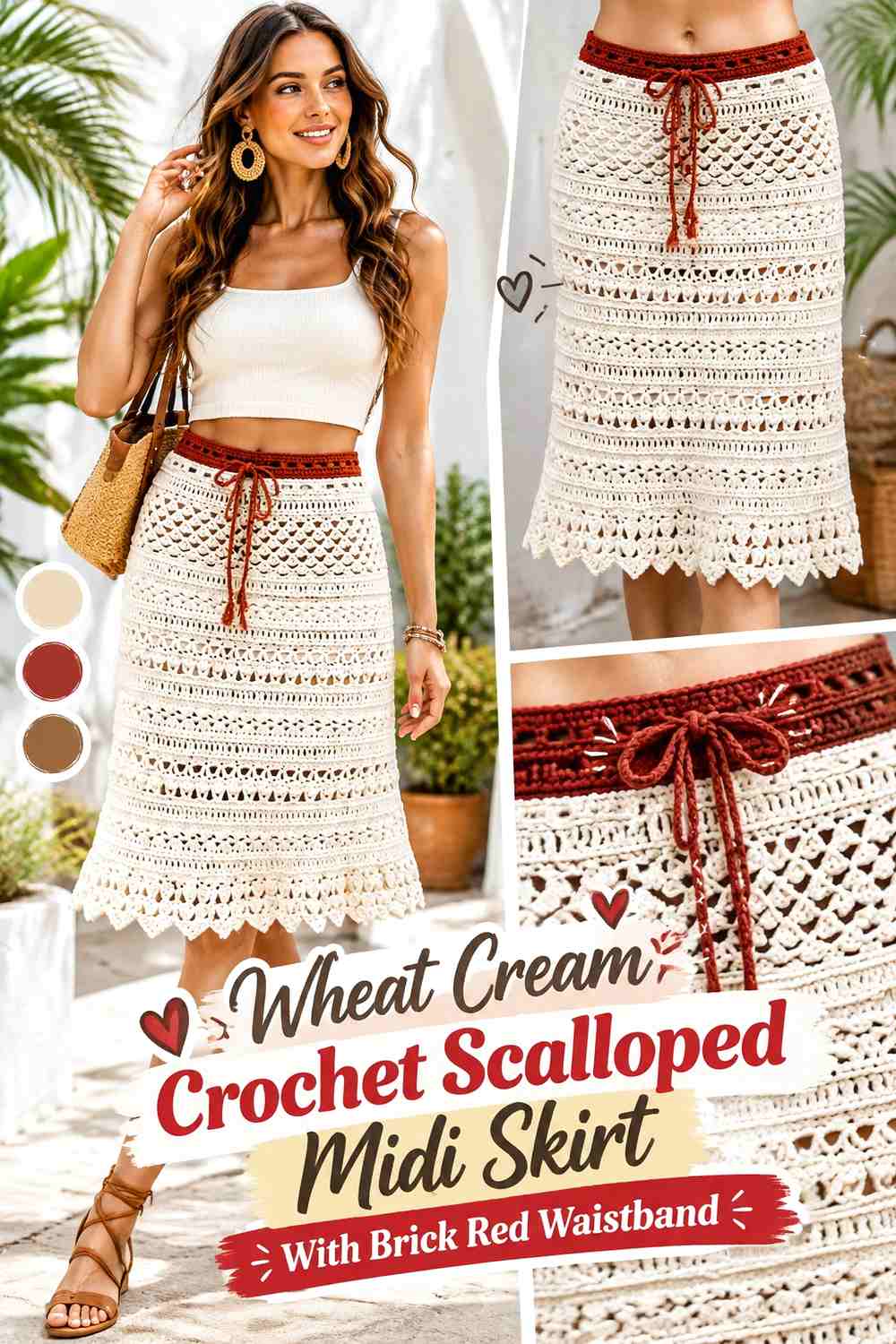 Wheat Cream Crochet Scalloped Midi Skirt With Brick Red Waistband