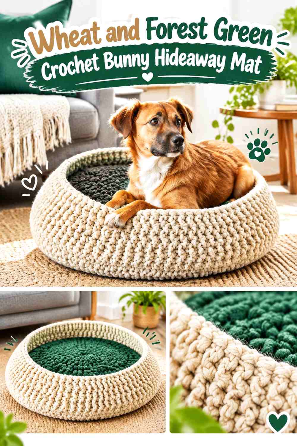 Wheat and Forest Green Crochet Bunny Hideaway Mat