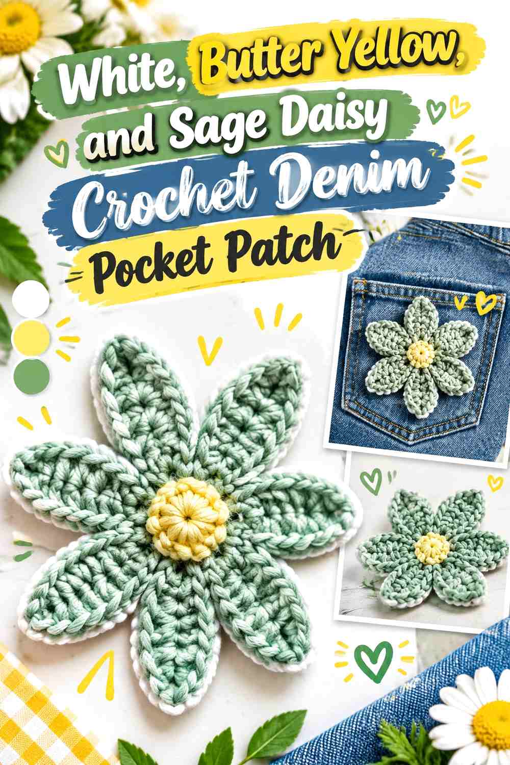 White, Butter Yellow, and Sage Daisy Crochet Denim Pocket Patch
