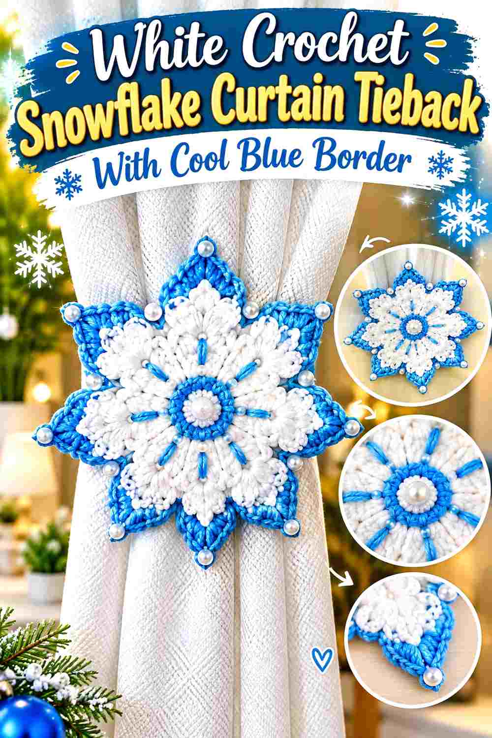 8. White Crochet Snowflake Curtain Tieback With Cool Blue Border
