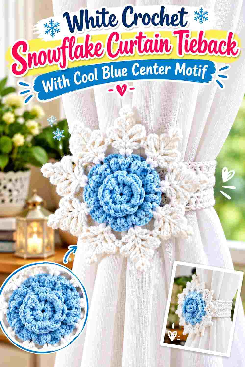 2. White Crochet Snowflake Curtain Tieback With Cool Blue Center Motif
